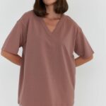 Women Oversized V-Neck T-Shirt | Coffee Brown Cotton Relaxed Fit Tee