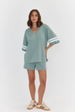 Women Oversized V-Neck T-Shirt Sage Green | Premium Relaxed Fit Tee - Image 2