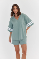 Women Oversized V-Neck T-Shirt Sage Green | Premium Relaxed Fit Tee - Image 3