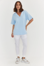 Women Oversized V-Neck T-Shirt Sky Blue | Premium Relaxed Fit Cotton Tee - Image 6