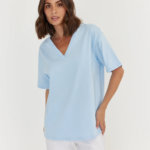 Women Oversized V-Neck T-Shirt Sky Blue | Premium Relaxed Fit Cotton Tee