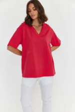 Women Oversized V-Neck T-Shirt Hot Pink | Premium Relaxed Fit Tee - Image 3