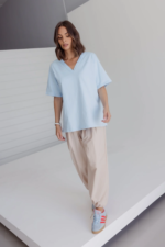 Women Oversized V-Neck T-Shirt Sky Blue | Premium Relaxed Fit Cotton Tee - Image 2