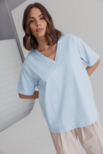 Women Oversized V-Neck T-Shirt Sky Blue | Premium Relaxed Fit Cotton Tee - Image 3