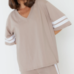 Women Oversized V-Neck T-Shirt Beige | Premium Relaxed Fit Cotton Tee