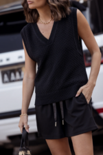 Women Woolen Sleeveless V-Neck Sweater Black | Oversized Knit Vest - Image 2