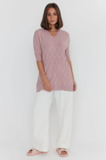 Women Woolen Oversized V-Neck T-Shirt | Pink Knit Winter Top - Image 4