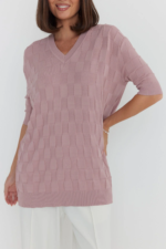 Women Woolen Oversized V-Neck T-Shirt | Pink Knit Winter Top - Image 5