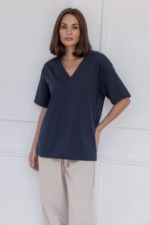 Women Oversized V-Neck T-Shirt Navy Blue | Premium Relaxed Fit Tee - Image 6