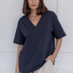 Women Oversized V-Neck T-Shirt Navy Blue | Premium Relaxed Fit Tee