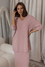 Women Woolen Oversized V-Neck T-Shirt | Pink Knit Winter Top - Image 7