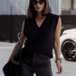 Women Woolen Sleeveless V-Neck Sweater Black | Oversized Knit Vest