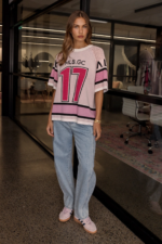 Women Pink Oversized Sports Knit Tee | Relaxed Casual Jersey Top - Image 2