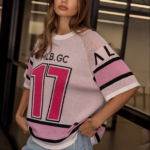 Women Pink Oversized Sports Knit Tee | Relaxed Casual Jersey Top