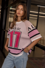 Women Pink Oversized Sports Knit Tee | Relaxed Casual Jersey Top