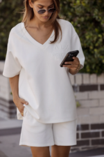 Women Off White Oversized V-Neck Lounge Tee | Premium Relaxed Fit Co-ord Top - Image 4