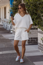 Women Off White Oversized V-Neck Lounge Tee | Premium Relaxed Fit Co-ord Top - Image 2