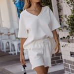 Women Off White Oversized V-Neck Lounge Tee | Premium Relaxed Fit Co-ord Top