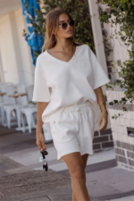 Women Off White Oversized V-Neck Lounge Tee | Premium Relaxed Fit Co-ord Top