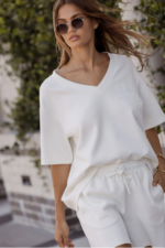 Women Off White Oversized V-Neck Lounge Tee | Premium Relaxed Fit Co-ord Top - Image 3