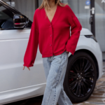 DANTE Cardigan Red | Women Oversized V-Neck Cardigan T-Shirt | Red Cotton Relaxed Fit Top