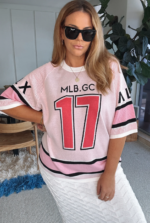 Women Pink Oversized Sports Knit Tee | Relaxed Casual Jersey Top - Image 5