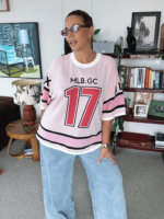 Women Pink Oversized Sports Knit Tee | Relaxed Casual Jersey Top - Image 4