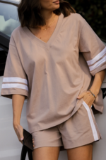 Women Oversized V-Neck T-Shirt Beige | Premium Relaxed Fit Cotton Tee - Image 6