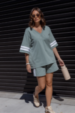 Women Oversized V-Neck T-Shirt Sage Green | Premium Relaxed Fit Tee - Image 6