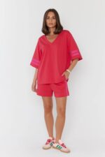 SMOK T-Shirt Strawberry | Women Oversized V-Neck T-Shirt | Premium Cotton Pink Relaxed Fit Tee - Image 7