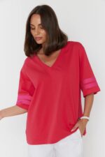 SMOK T-Shirt Strawberry | Women Oversized V-Neck T-Shirt | Premium Cotton Pink Relaxed Fit Tee - Image 6