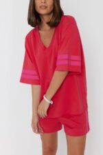 SMOK T-Shirt Strawberry | Women Oversized V-Neck T-Shirt | Premium Cotton Pink Relaxed Fit Tee - Image 5