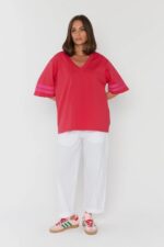 SMOK T-Shirt Strawberry | Women Oversized V-Neck T-Shirt | Premium Cotton Pink Relaxed Fit Tee - Image 4