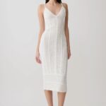 Neckline Pointelle White Midi Dress by Fashion Continental