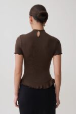Fashion Continental Dark Chocolate Short Sleeve Ruffle Top - Image 4