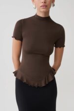 Fashion Continental Dark Chocolate Short Sleeve Ruffle Top - Image 5