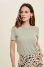 Women's Sage Dull Green Ribbed Crew Neck Essential Tee | Fashion Continental