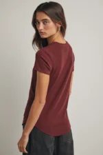 Women's Deep Maroon Wine Red Ribbed Crew Neck Tee | Fashion Continental