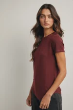 Women's Deep Maroon Wine Red Ribbed Crew Neck Tee | Fashion Continental - Image 2