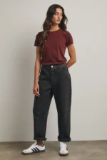 Women's Deep Maroon Wine Red Ribbed Crew Neck Tee | Fashion Continental - Image 3