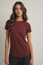 Women's Deep Maroon Wine Red Ribbed Crew Neck Tee | Fashion Continental - Image 4