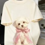 Fluffy Puppy Pink Bow Realistic Print Oversized T-Shirt