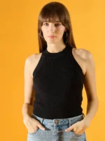 Black Ribbed Halter Neck Sleeveless Knit Top - Trendy Slim Fit Women's Top | Fashion Continental - Image 2