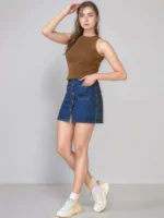 Brown Ribbed Halter Neck Sleeveless Knit Top - Solid Tank Women's Top | Fashion Continental - Image 2