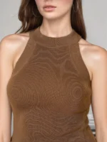 Brown Ribbed Halter Neck Sleeveless Knit Top - Solid Tank Women's Top | Fashion Continental - Image 4