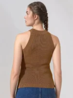 Brown Ribbed Halter Neck Sleeveless Knit Top - Solid Tank Women's Top | Fashion Continental - Image 6