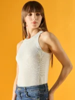 White Ribbed Halter Neck Sleeveless Knit Top - Classic Solid Women's Top | Fashion Continental - Image 4