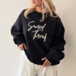 Sacred Thread Embroidered Oversized Sweatshirt - Black with Cream Embroidery - Fashion Continental
