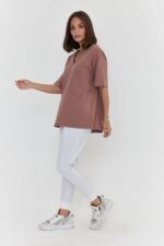 Women Oversized V-Neck T-Shirt | Coffee Brown Cotton Relaxed Fit Tee - Image 6