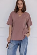 Women Oversized V-Neck T-Shirt | Coffee Brown Cotton Relaxed Fit Tee - Image 7